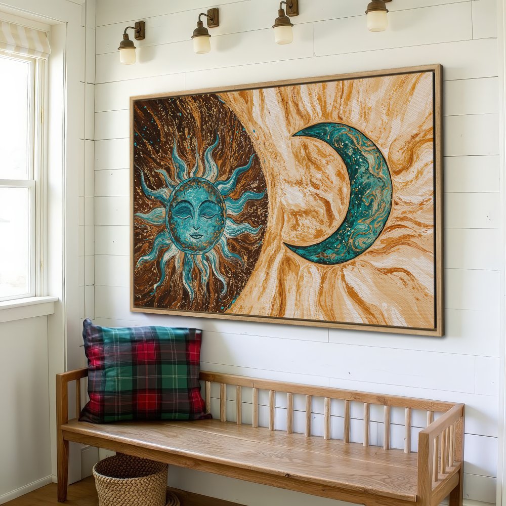 Framed Wall Art: Celestial sun and moon canvas print in teal and gold. Boho style art for living room or bedroom decor.