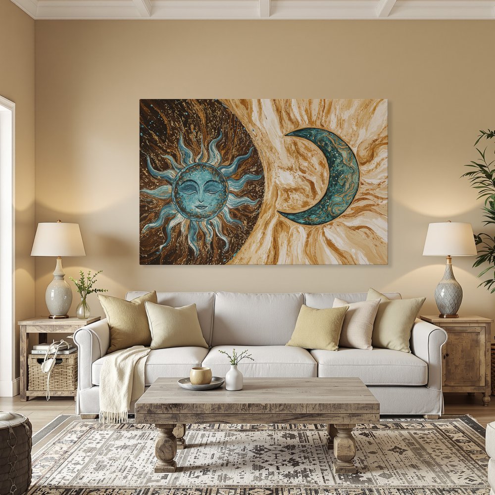 Framed Wall Art: Celestial sun and moon art in teal and brown. Add bohemian style with this canvas print!