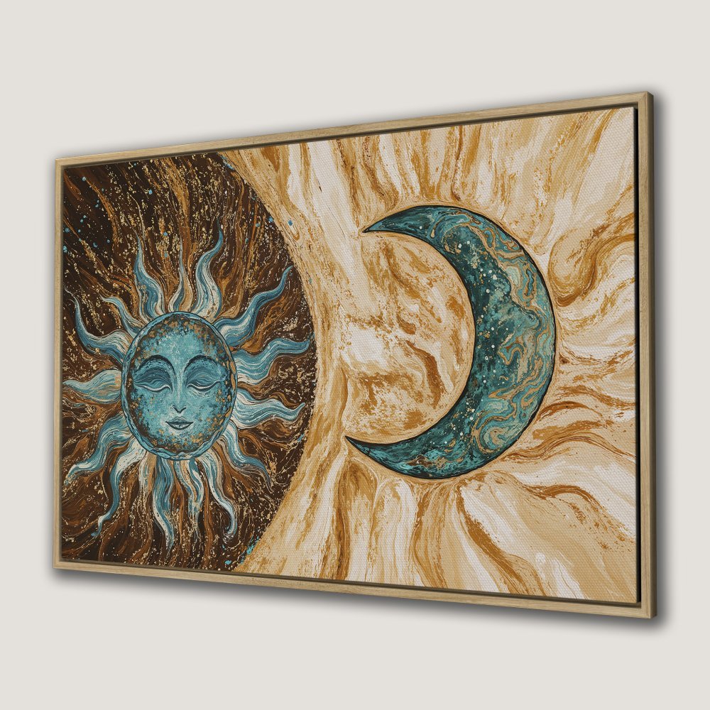 Framed Wall Art: Celestial sun and moon canvas print. Boho style art in teal, brown, and gold. Perfect for adding a touch of cosmic charm to your home decor.