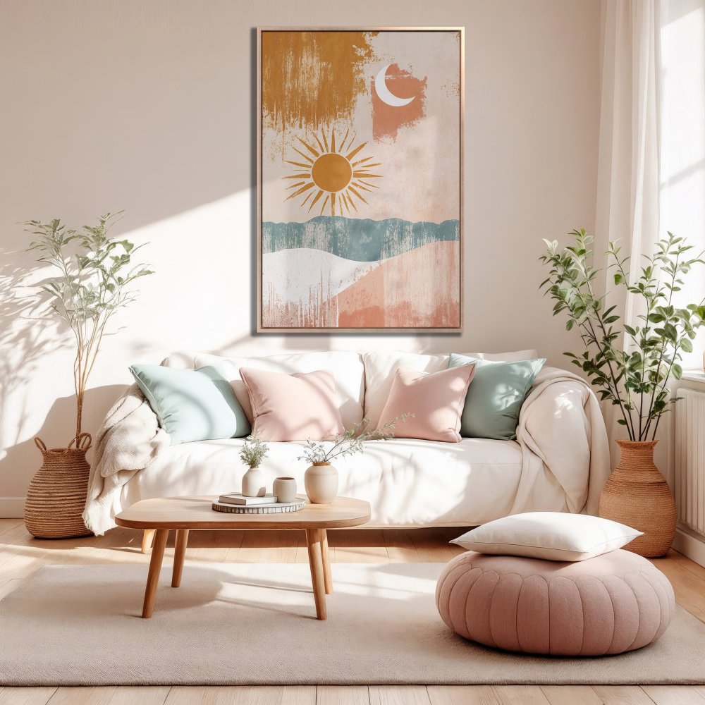 Framed Wall Art: Abstract sun and moon landscape in warm, earthy tones. Modern boho style Canvas Print for living room decor.