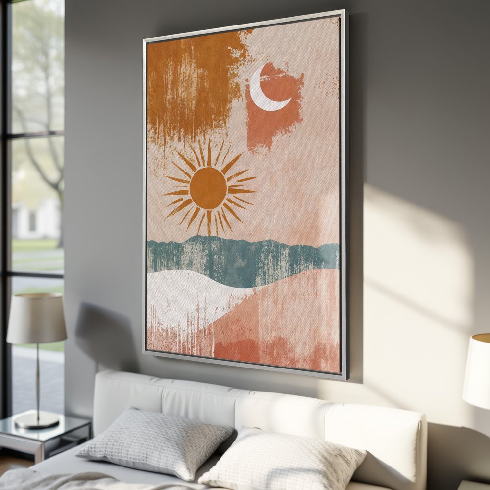 Framed Wall Art: Abstract sun and moon landscape in warm terracotta, teal, and peach tones. Modern art Canvas Print for boho bedroom decor.