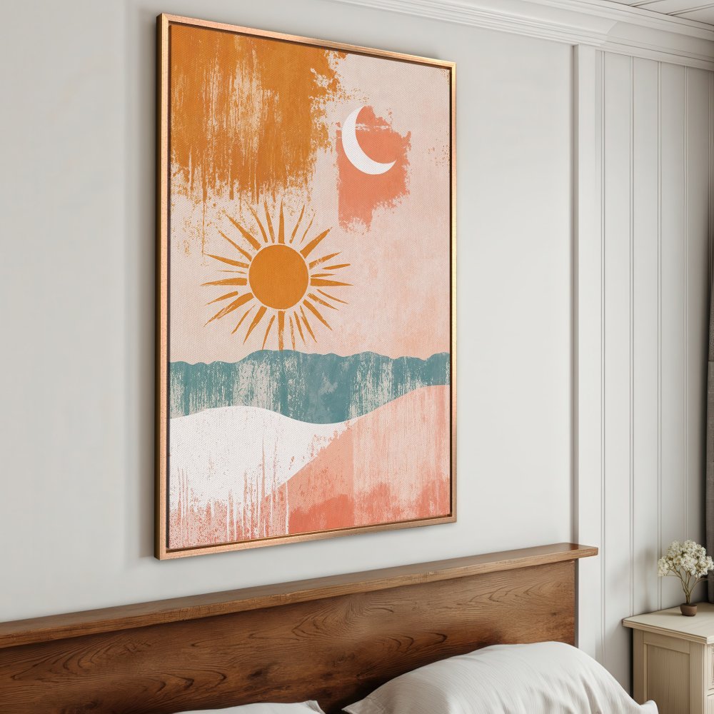 Framed Wall Art: Abstract landscape Canvas Print with sun, moon, and mountains in warm orange, teal, and pink hues. Modern boho style.