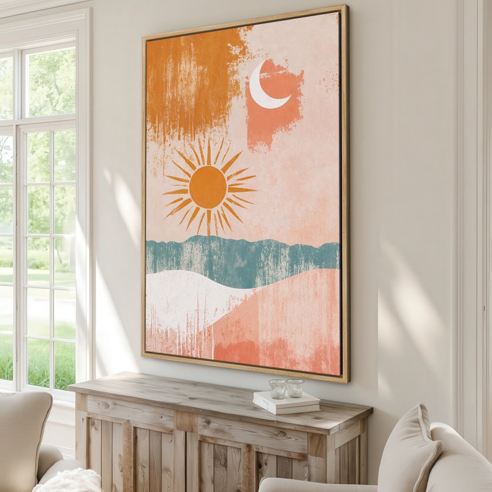 Canvas Print: Abstract sun and moon art in warm orange, teal, and pink tones. Perfect for boho decor!