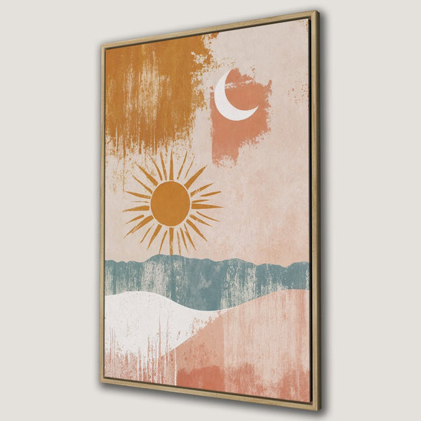 Framed Wall Art: Abstract landscape Canvas Print with sun, moon, and mountains. Earthy tones of orange, blue, and peach. Perfect for modern decor.