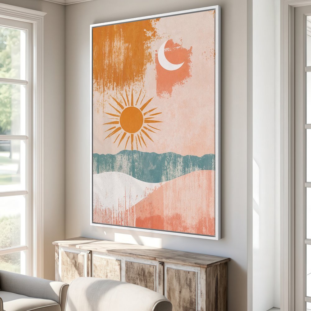 Abstract Canvas Print with sun and moon design in warm orange, teal, and peach tones. Modern wall art for your home decor.