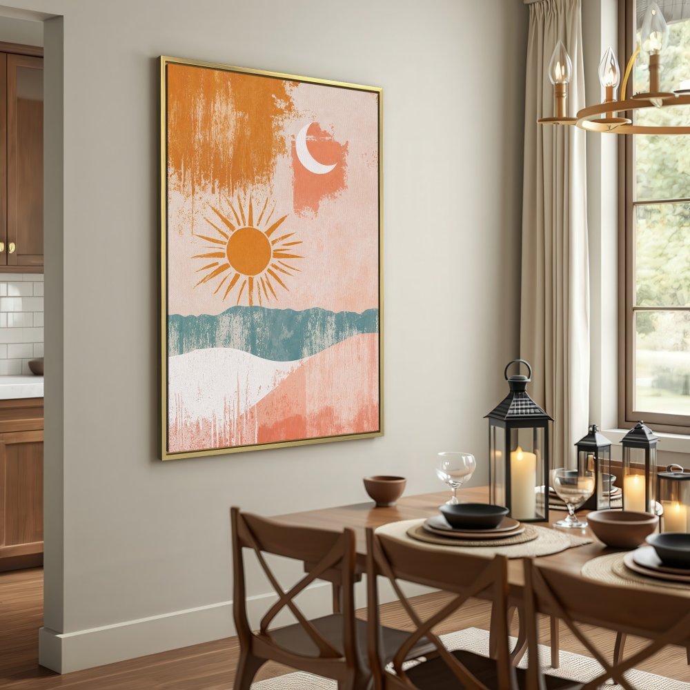 Canvas Print: Abstract landscape art with sun & moon in warm terracotta, peach, and teal tones. Modern wall decor for a stylish interior.