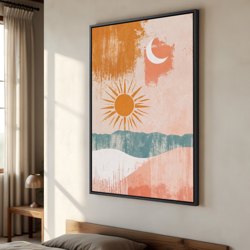 Framed Wall Art: Abstract sun and moon landscape in warm orange, peach, and teal tones. Modern art for your home decor.