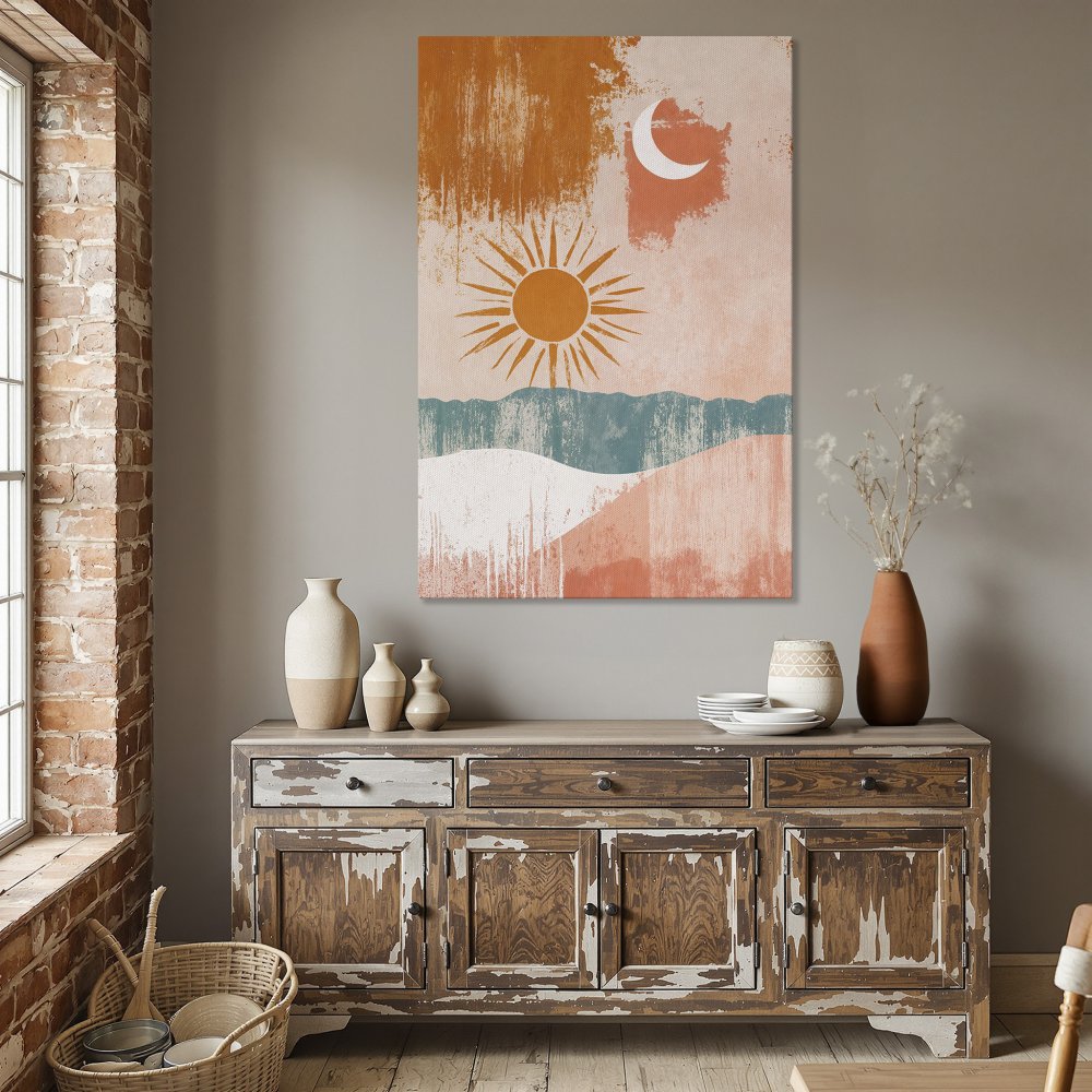 Boho Canvas Print with sun and moon art in warm orange, pink, and teal tones, perfect for adding a touch of style to your dining room.