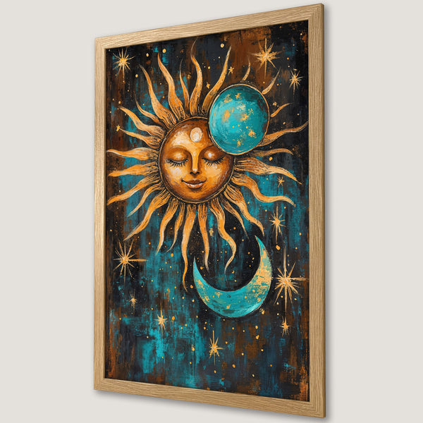 Framed Poster featuring a celestial design with sun, moon, and stars. Artistic style with a teal, gold, and brown color palette. Perfect wall art.