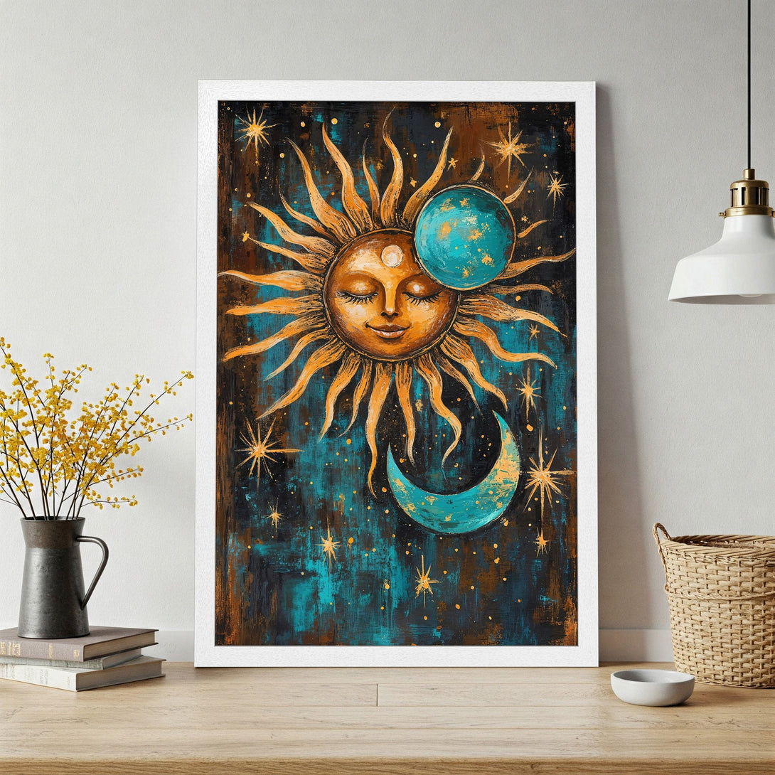 Framed Poster featuring a celestial sun and moon art print. Boho style with teal, gold, and brown color palette. Add mystical vibes to your space!