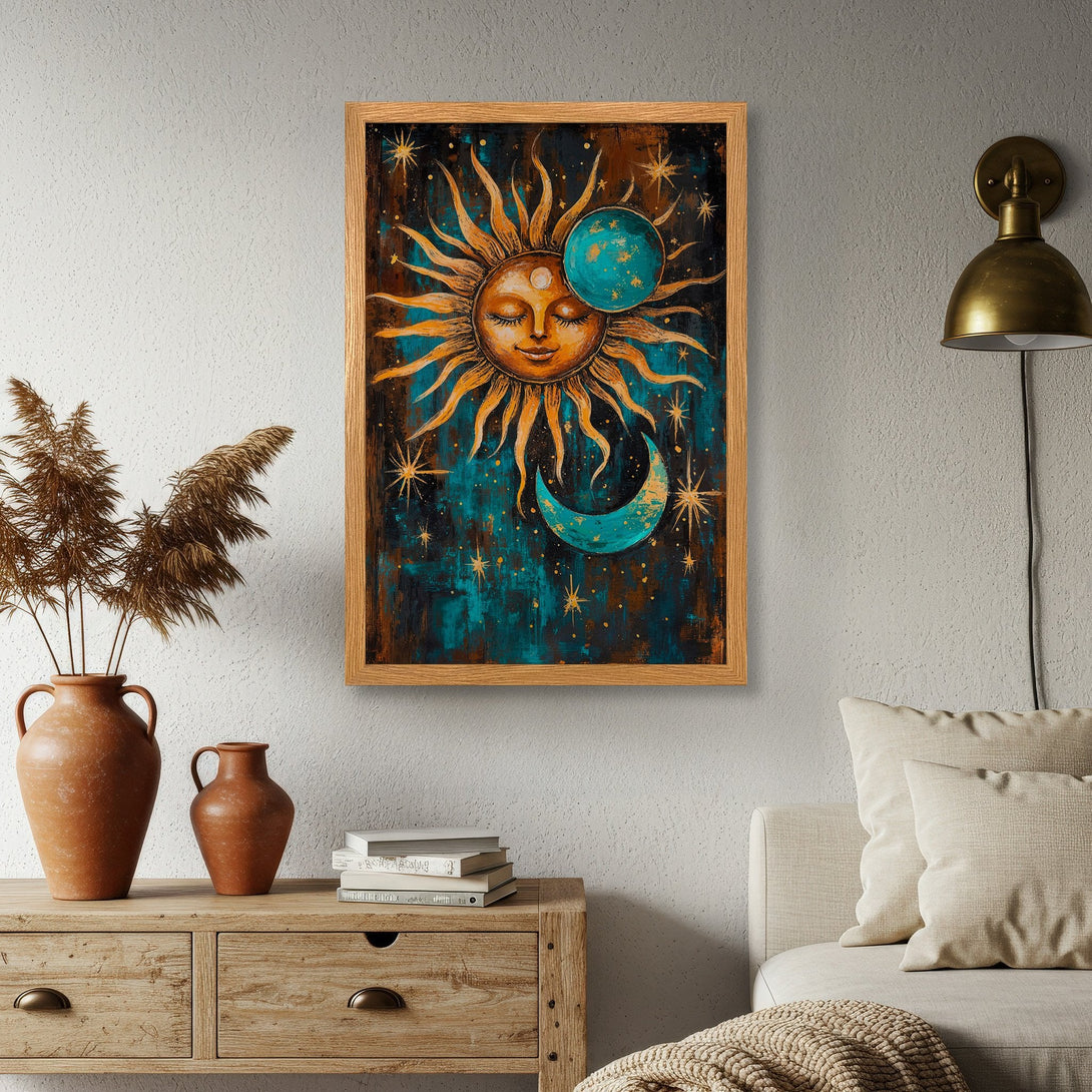 Framed Poster featuring a celestial sun and moon design in a bohemian style with a teal, orange, and brown color palette.