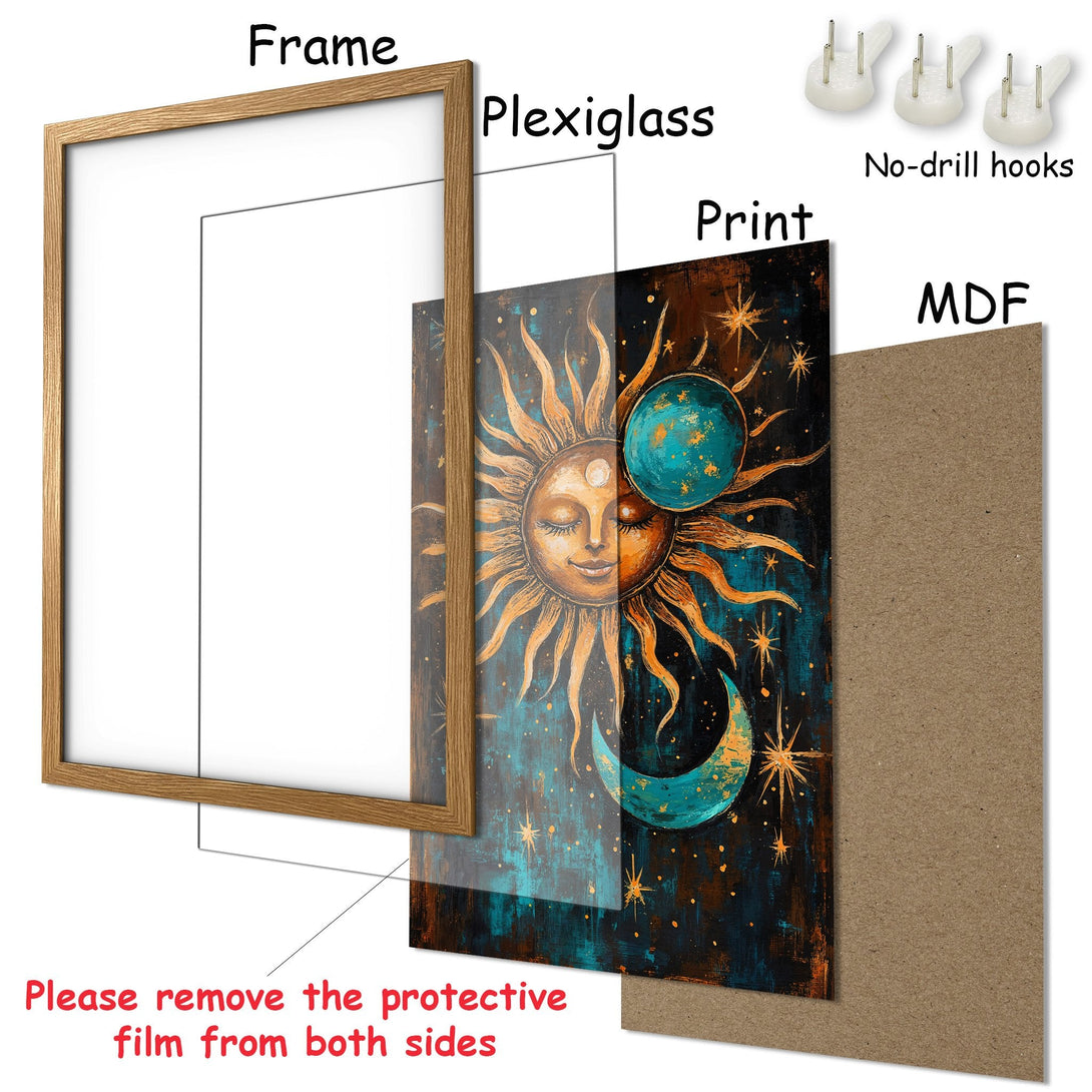 Framed Poster featuring a celestial sun and moon design in teal, orange, and gold hues. Perfect for adding unique art to your space!