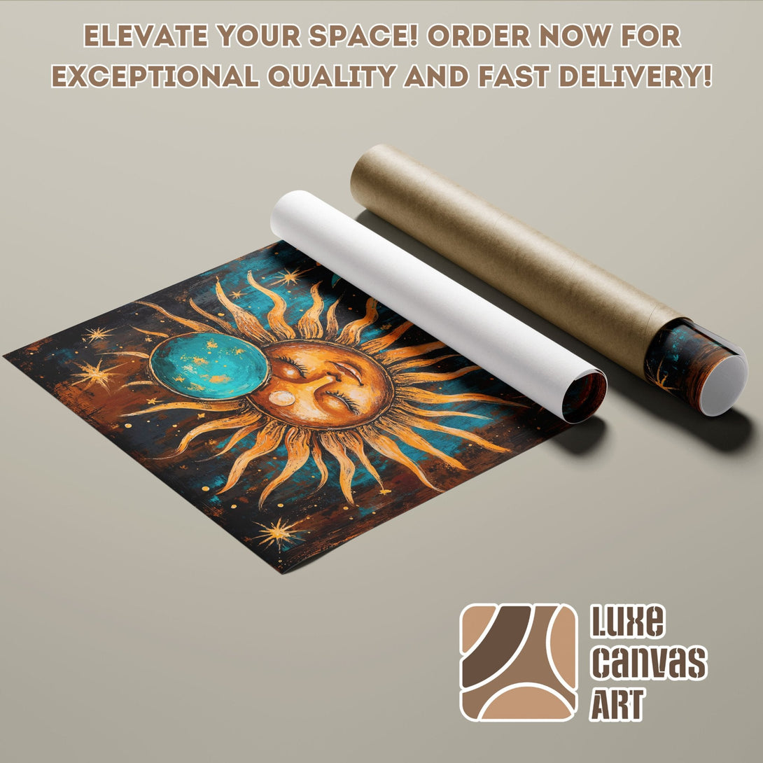 Poster Roll featuring a celestial sun & moon art print in vibrant blues, oranges, and browns. Elevate your space with this unique wall art.