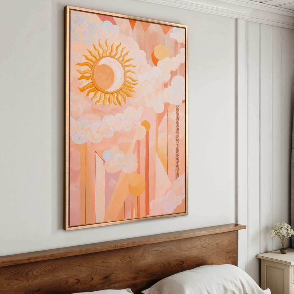 Framed Wall Art: Abstract sun and cloud design in warm peach and orange tones. Boho style canvas print, perfect for adding a touch of art to your home decor.