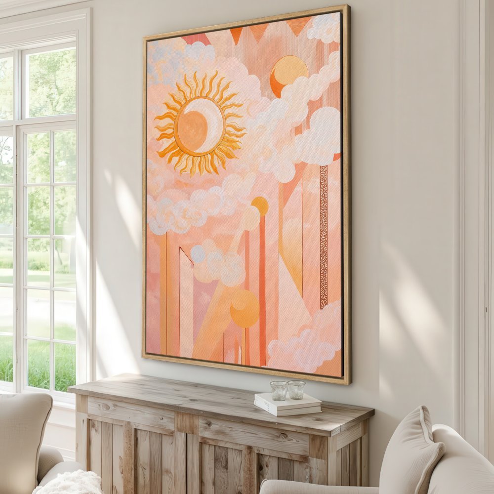 Canvas Print of a sun and cloud abstract art piece in warm peach and orange tones, perfect for adding a touch of boho style to your space.