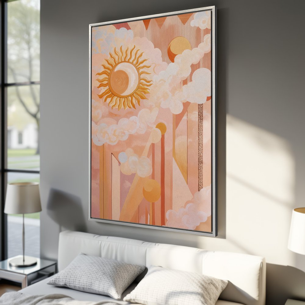 Framed Wall Art: Abstract sun and cloud design in warm peach and orange tones. Modern art for bedroom decor.