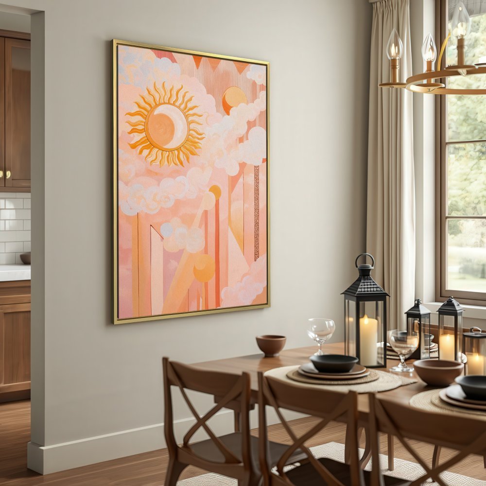 Canvas Print featuring a celestial landscape in warm peach and orange tones. Boho style wall art to brighten any space.