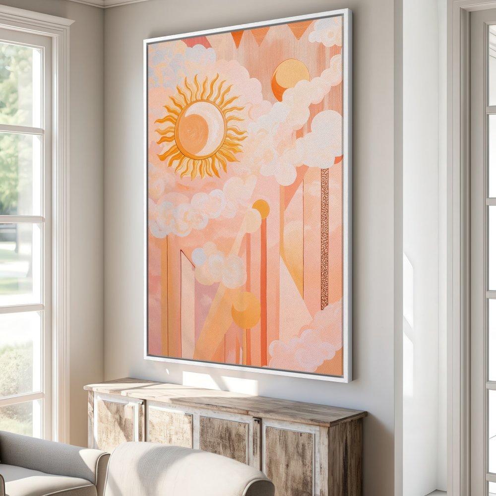 Canvas Print featuring a celestial sun and cloud design in warm peach tones. Modern art perfect for any space!