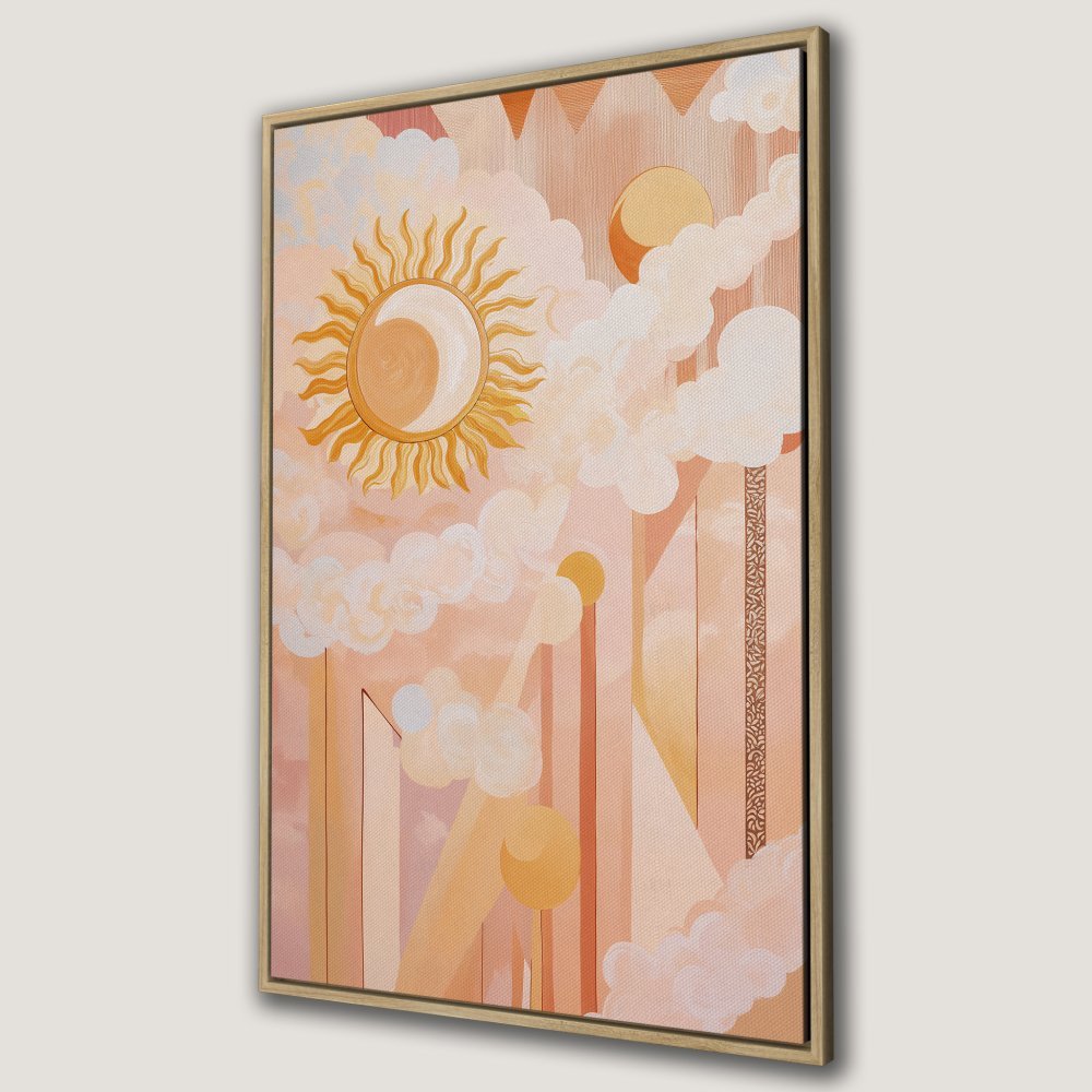 Canvas Print featuring a celestial sun and cloud design in warm peach and gold tones. Boho style wall art, perfect for adding a touch of sunshine.