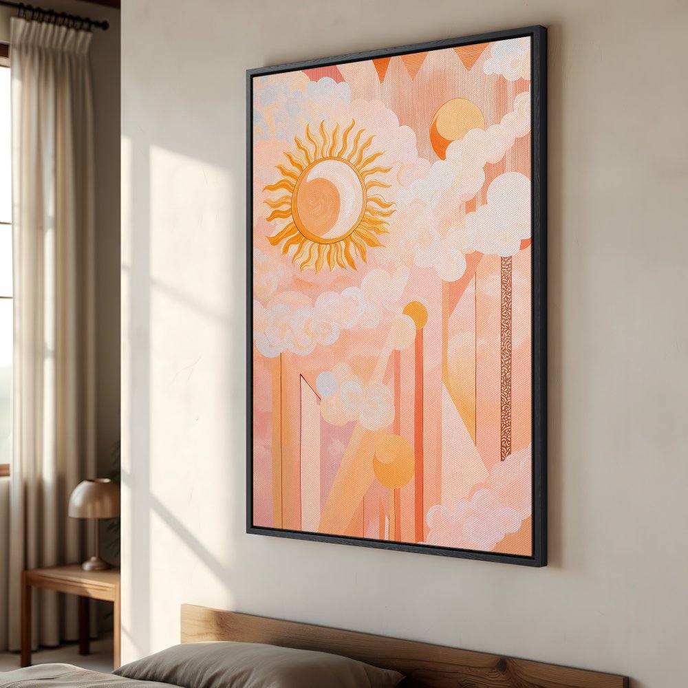 Framed Wall Art: Abstract sun and cloud design in warm peach and orange tones. Modern art for bedroom decor.