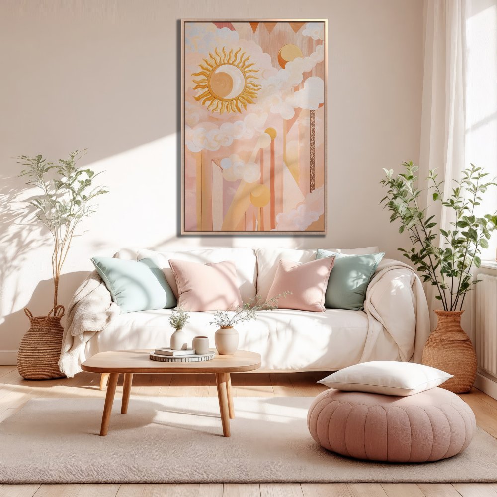 Framed Wall Art featuring a celestial sun design in a warm, pastel color palette. Perfect for adding a touch of boho style to your living room!