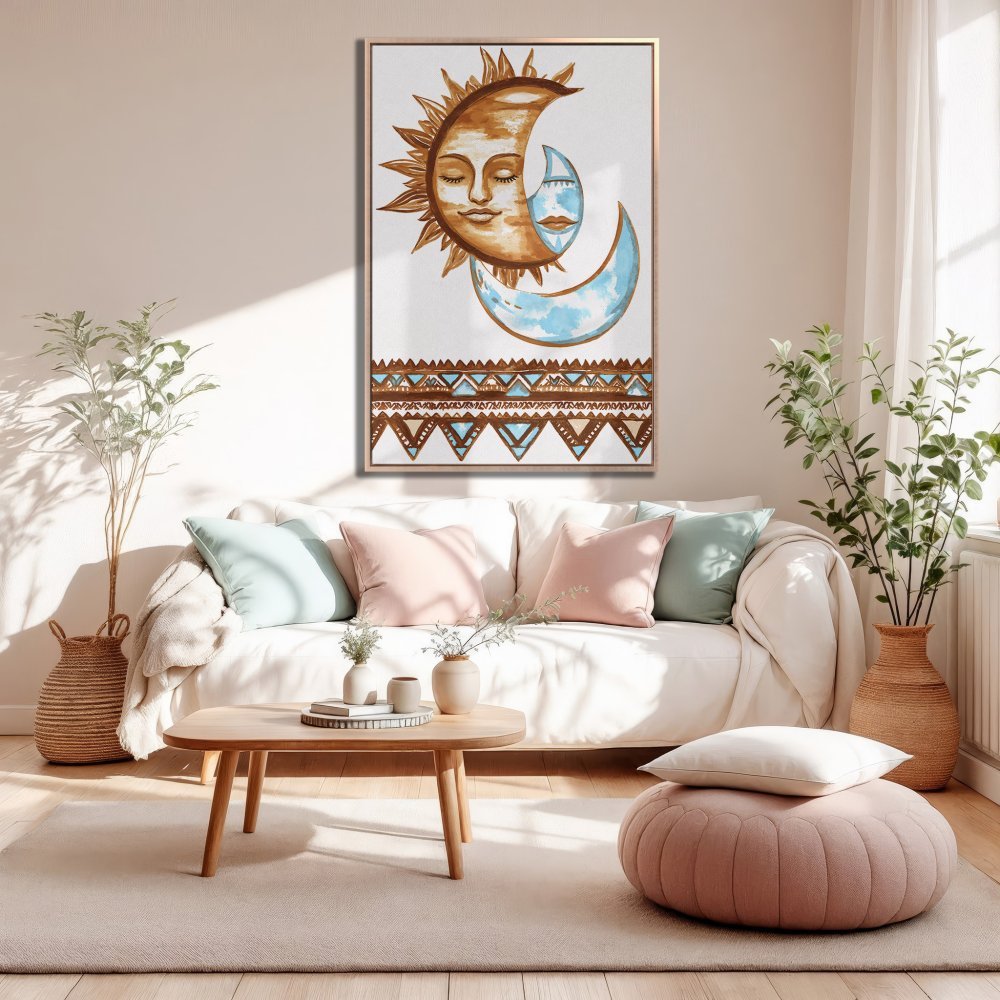 Framed Wall Art featuring a sun and moon illustration in warm brown and blue tones, perfect for boho decor.
