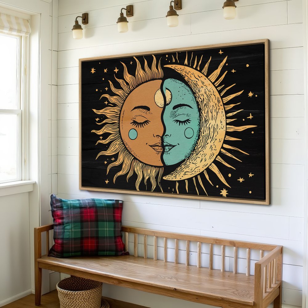 Framed Wall Art featuring a celestial sun and moon design in warm orange, teal, and gold tones. Perfect for boho decor!