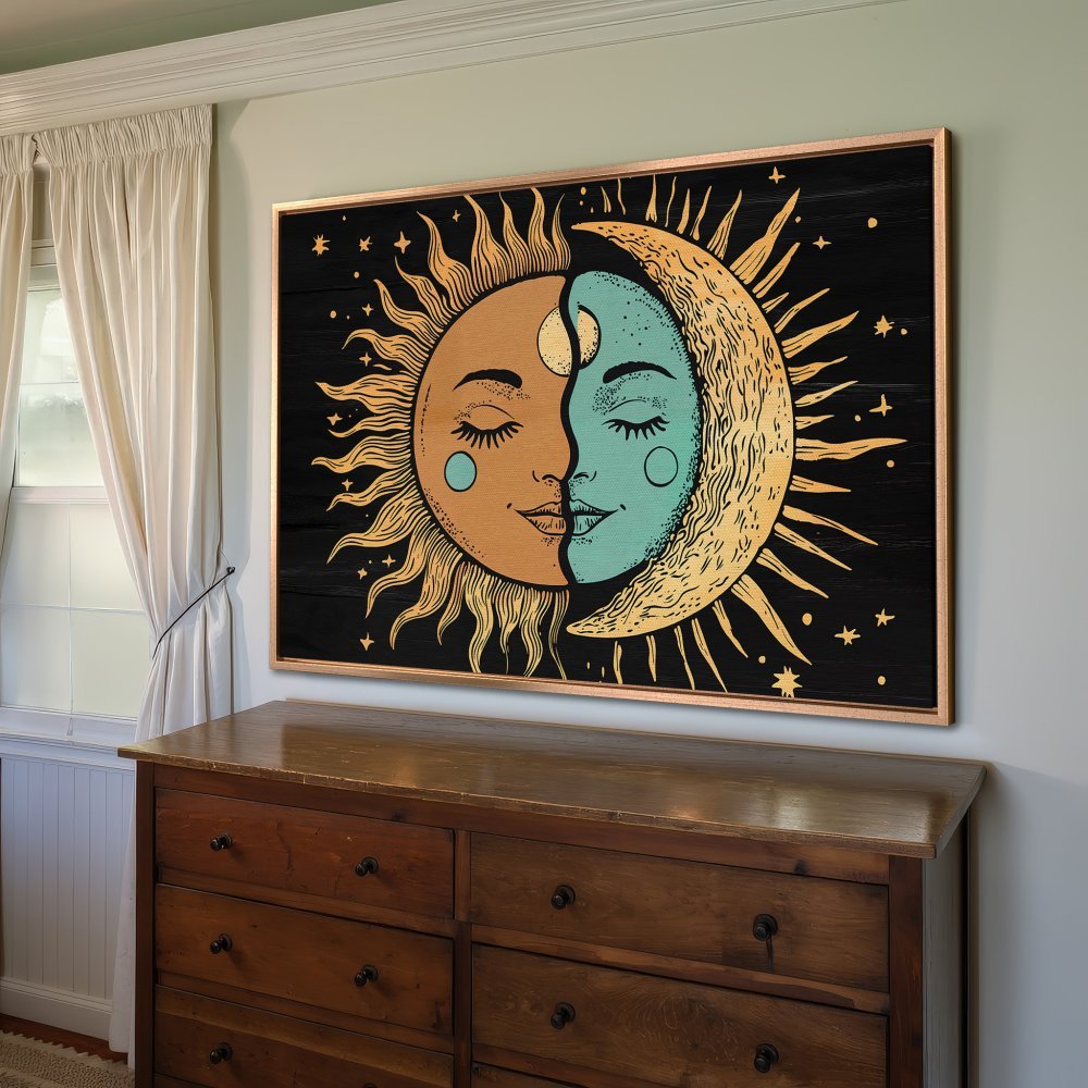 Framed Wall Art: Celestial sun and moon illustration in a vintage style, featuring a warm, earthy color palette. Perfect for boho decor!