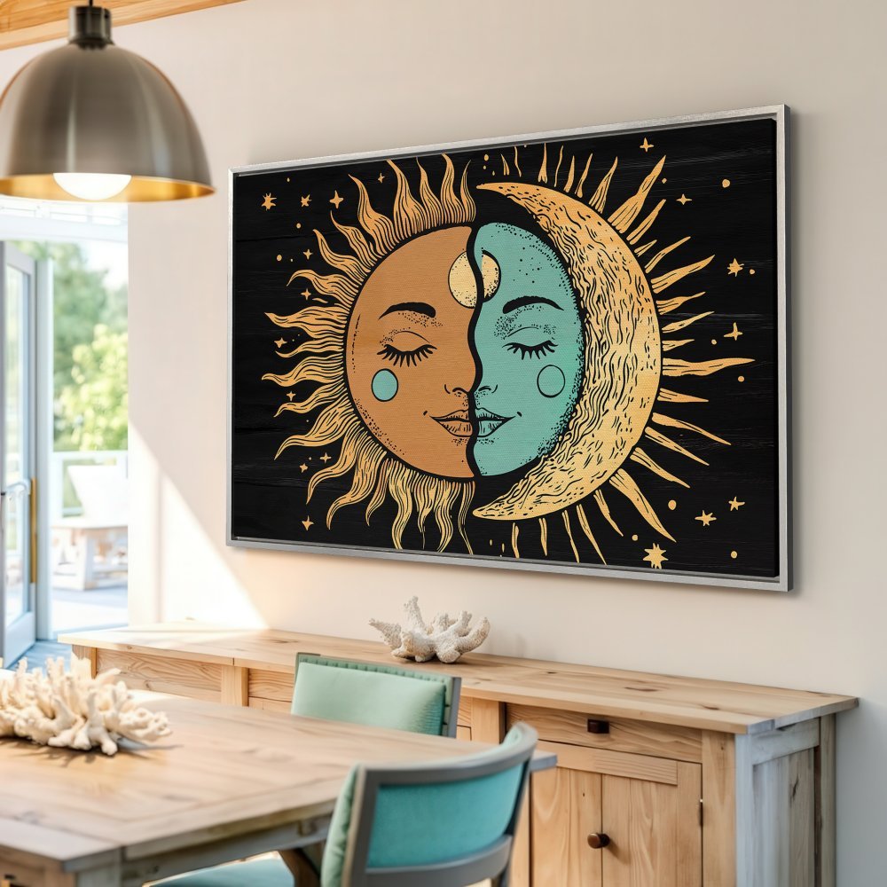 Framed Wall Art: Boho sun and moon design in warm orange, teal, and yellow tones on a black background. Perfect for adding celestial style to your home.