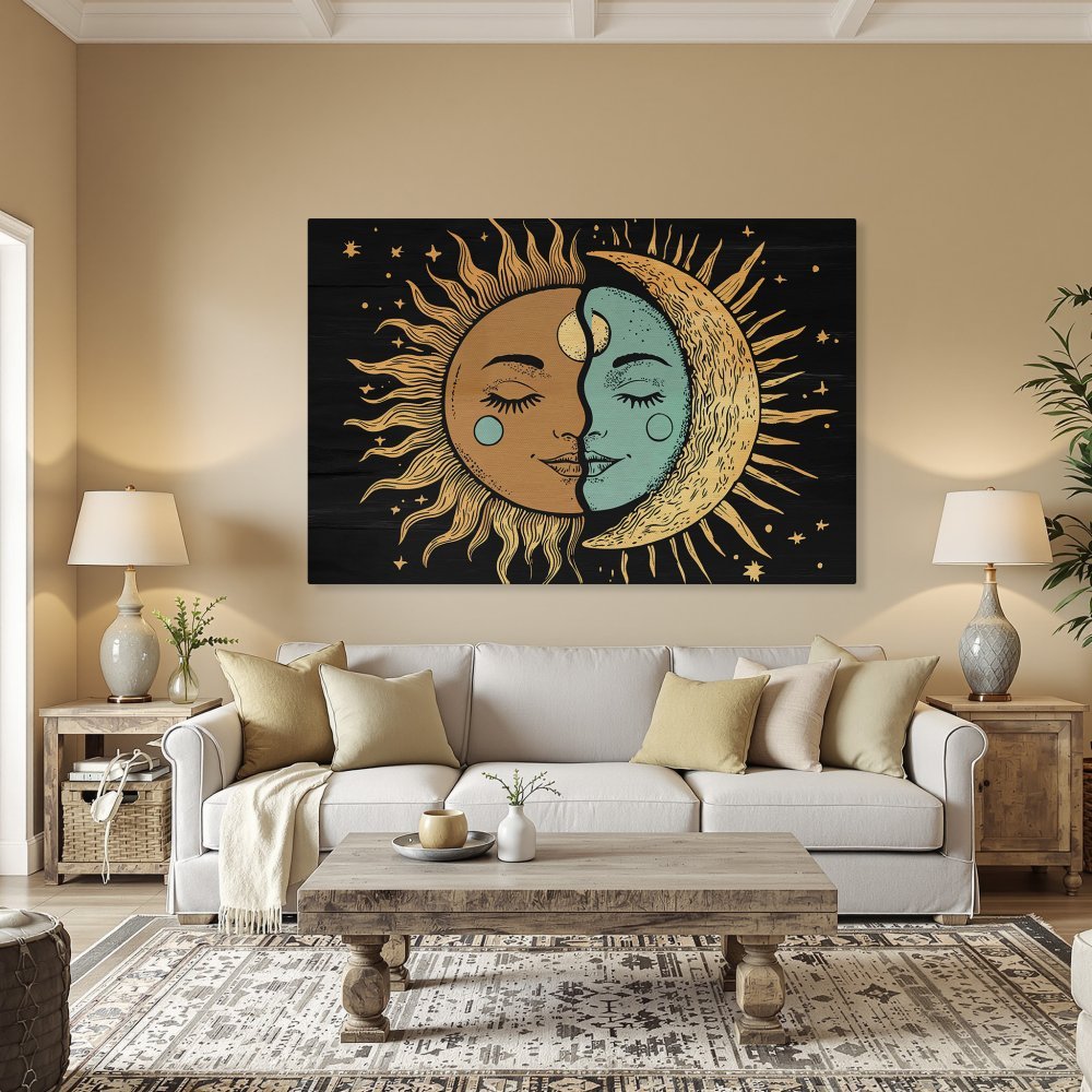 Framed Wall Art featuring a sun and moon design in a vintage style with warm orange, blue, and gold tones. Perfect for adding celestial vibes to your home!