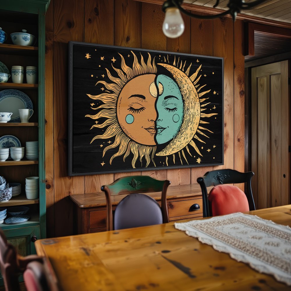 Framed Wall Art: Boho sun and moon design in warm orange, teal, and yellow tones. Perfect for adding celestial style to your home.