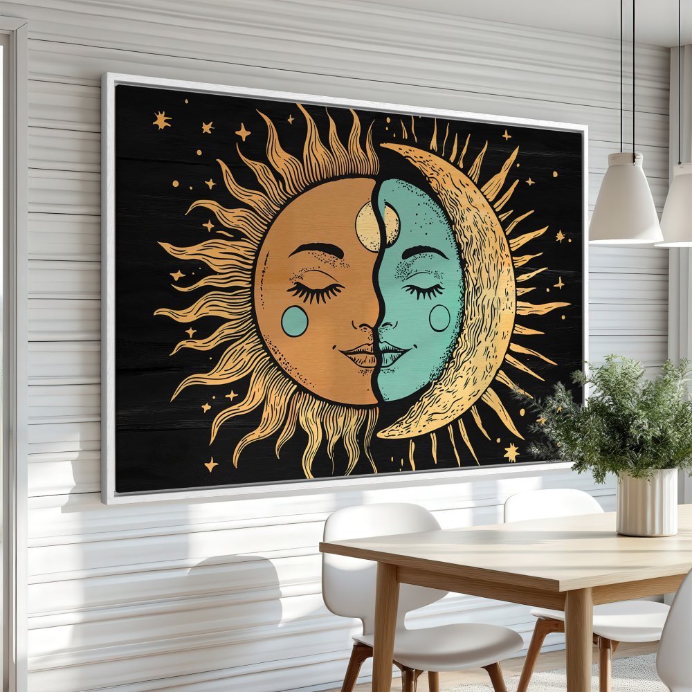 Framed Wall Art: Sun and Moon illustration in boho style, warm orange and teal palette, perfect for adding a celestial touch to your home decor.