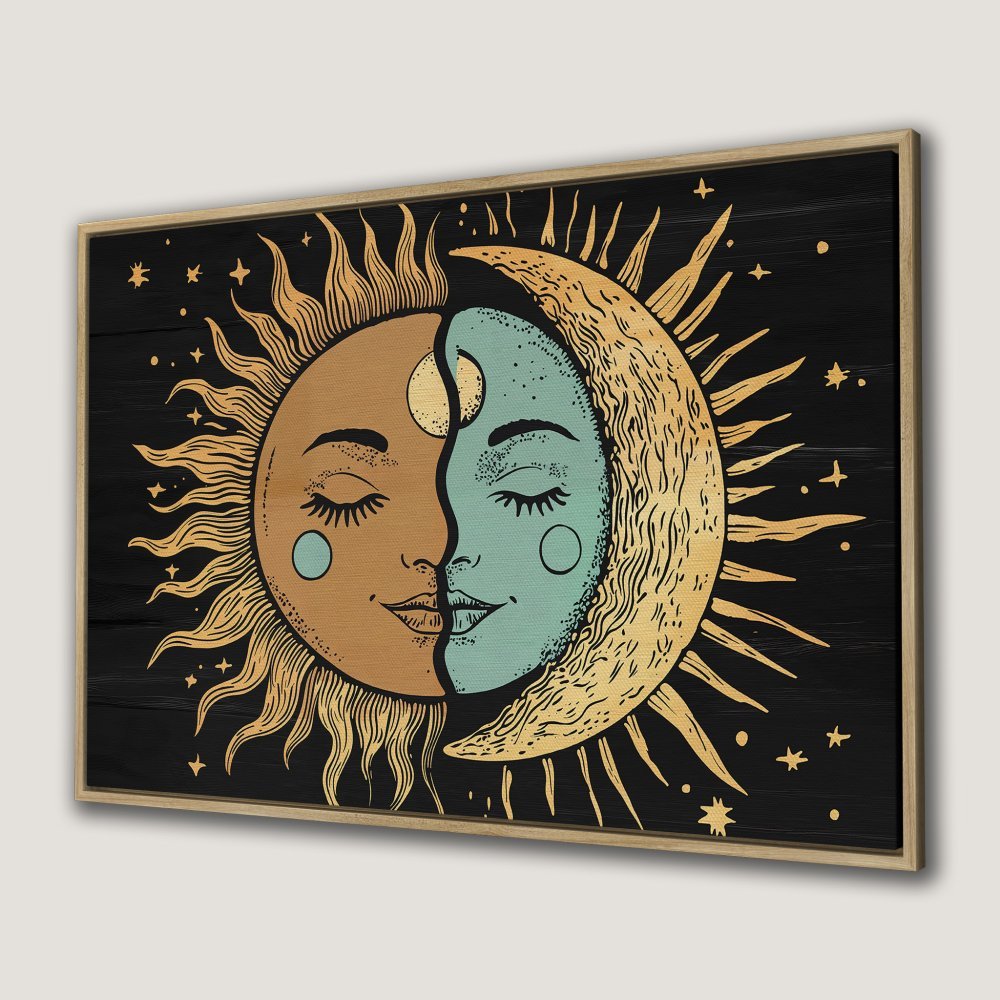 Canvas Print: Celestial sun and moon art in vintage style. Earthy tones and teal on a black background. Perfect framed wall art for any room.