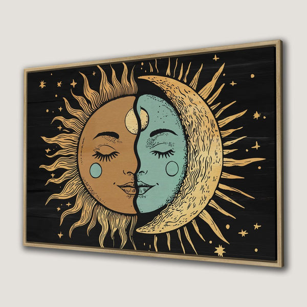 Canvas Print: Celestial sun and moon art in vintage style. Earthy tones and teal on a black background. Perfect framed wall art for any room.