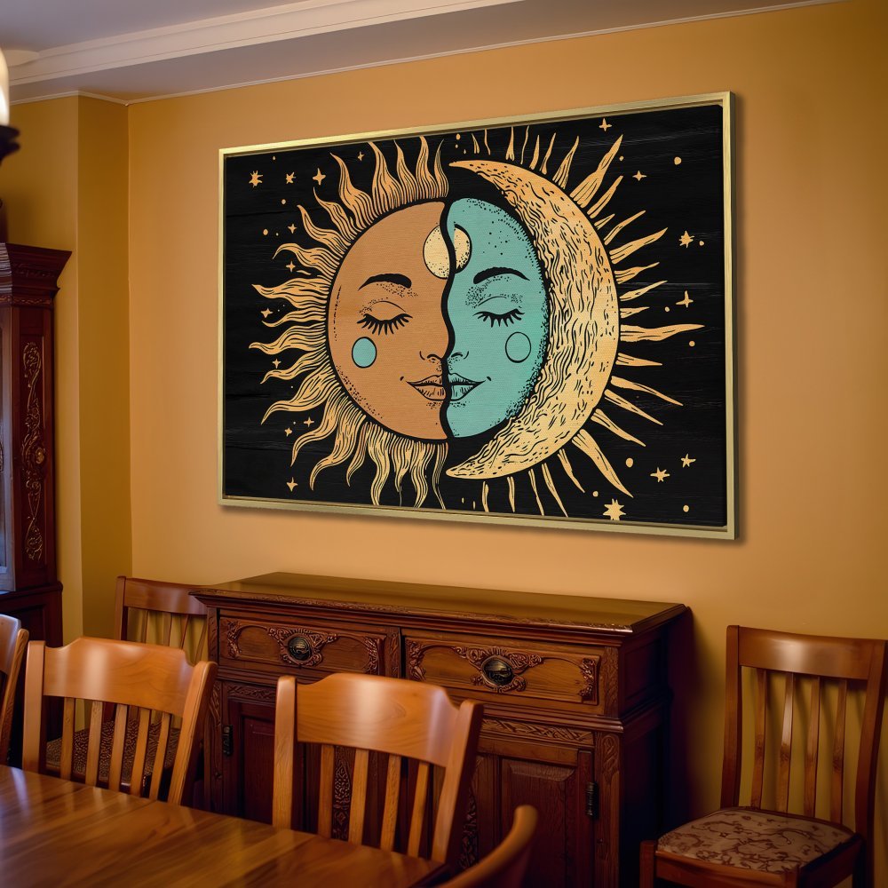 Canvas Print featuring a celestial sun and moon design in warm, earthy tones. Perfect boho wall art for your living room!