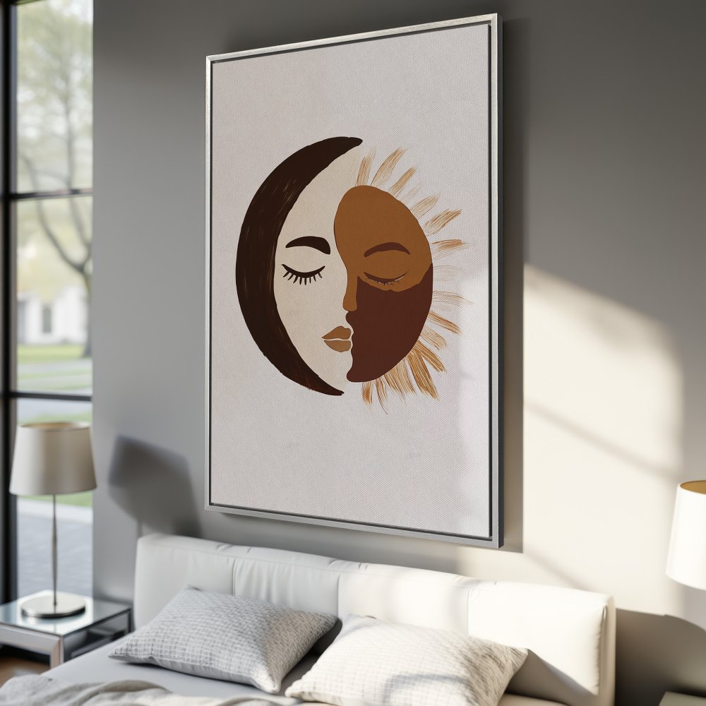 Framed Wall Art: Abstract moon and sun face art in neutral brown tones. Modern canvas print for bedroom or living room decor.