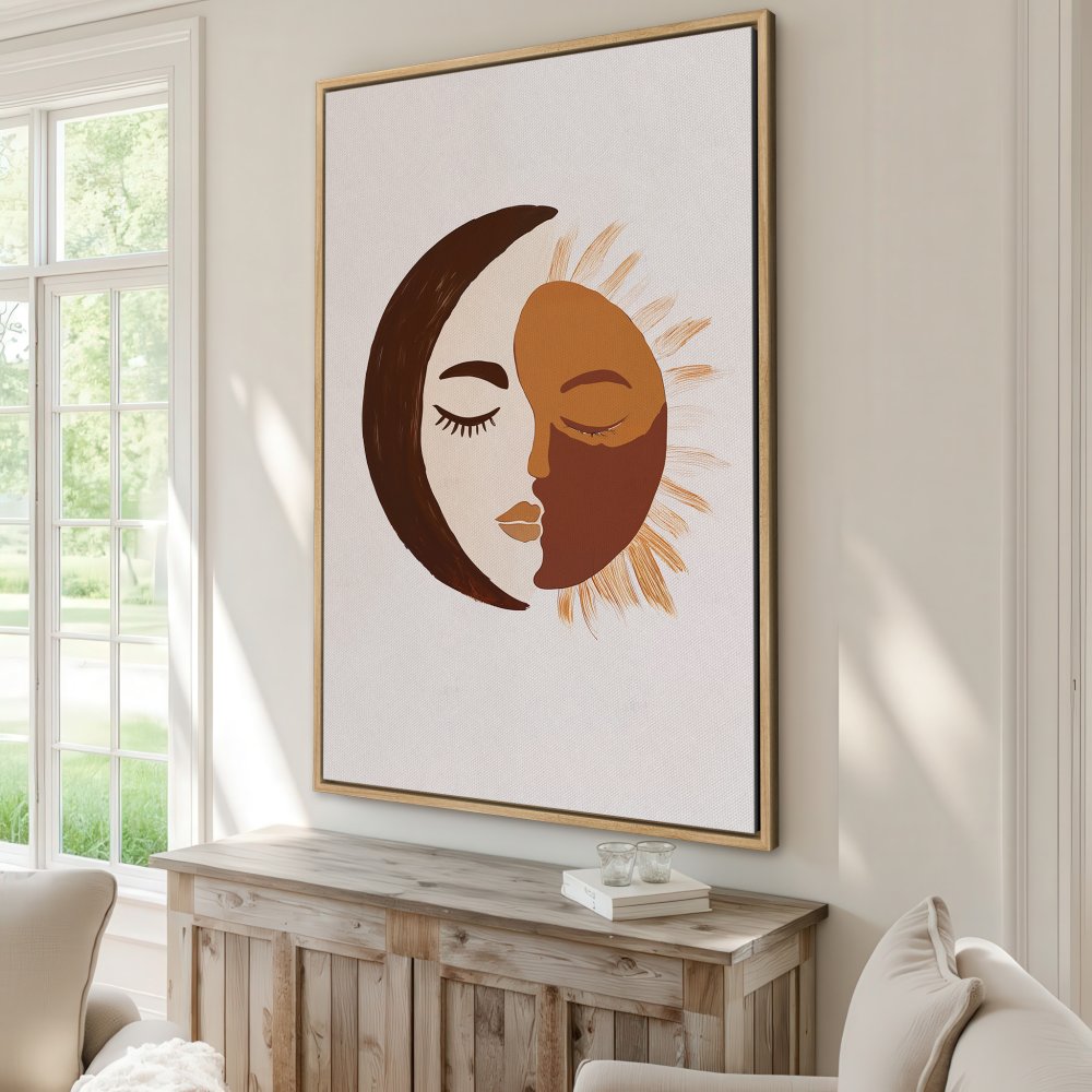 Framed Wall Art: Abstract sun and moon face art in warm earth tones. Modern boho style Canvas Print perfect for any room.