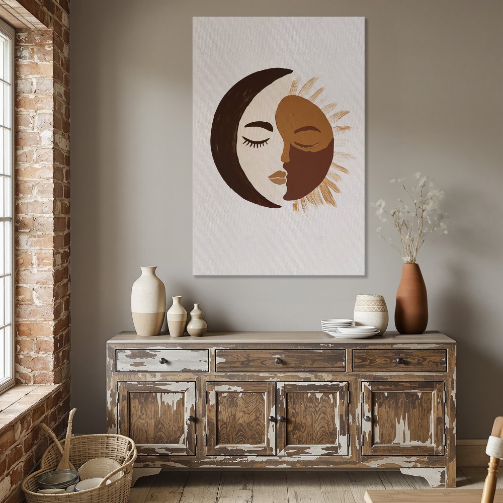 Framed Wall Art: Abstract sun and moon faces in warm earth tones. Perfect for boho decor. Shop Canvas Prints today!