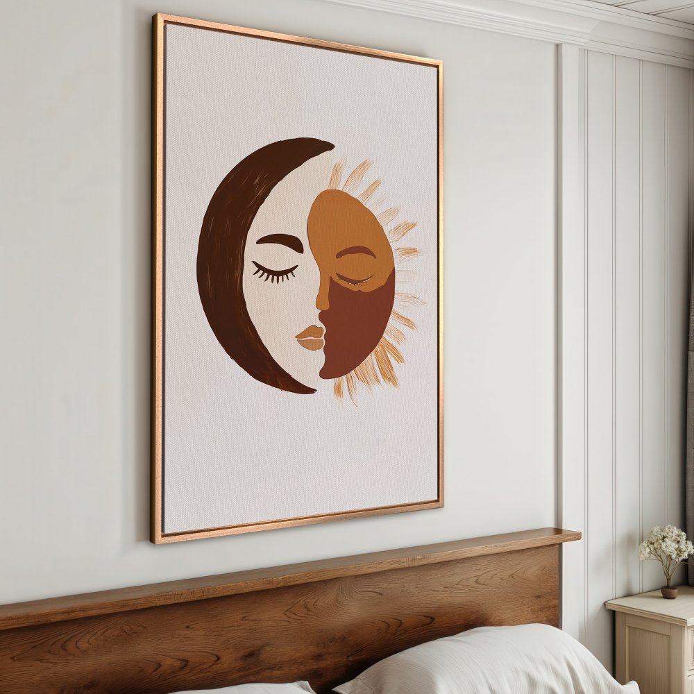 Framed Wall Art: Abstract celestial design Canvas Print in warm earth tones. Modern art for bedroom decor.