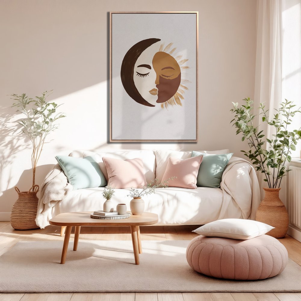 Framed Wall Art: Abstract sun and moon art in neutral tones. Perfect for modern living rooms. Shop Canvas Prints for stylish home decor.