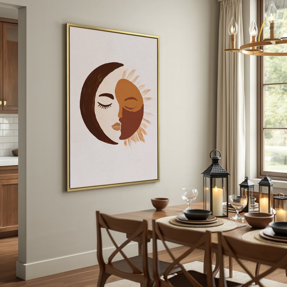 Canvas Print featuring a minimalist sun and moon design in earthy tones. Perfect for boho-chic home decor.