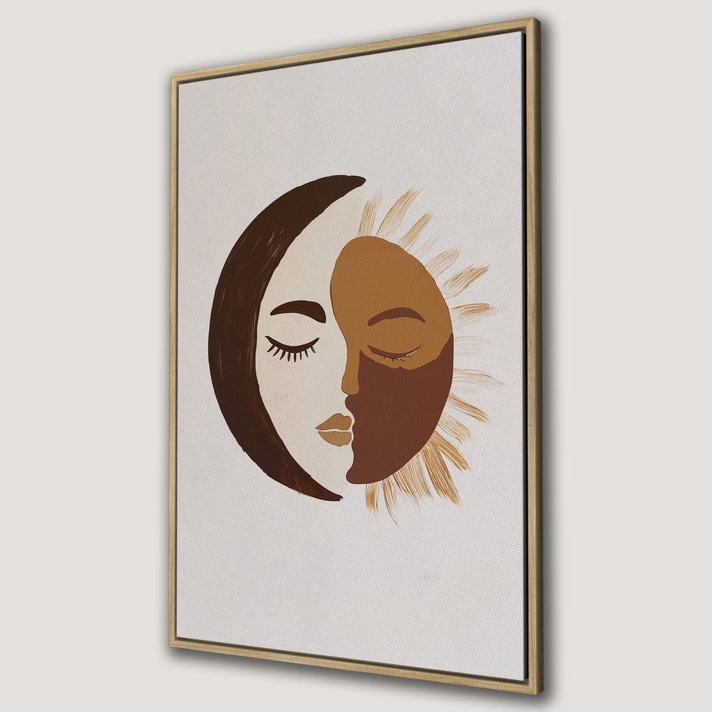 Framed Wall Art: Abstract sun and moon face in warm brown tones. Modern art print perfect for boho or minimalist decor.