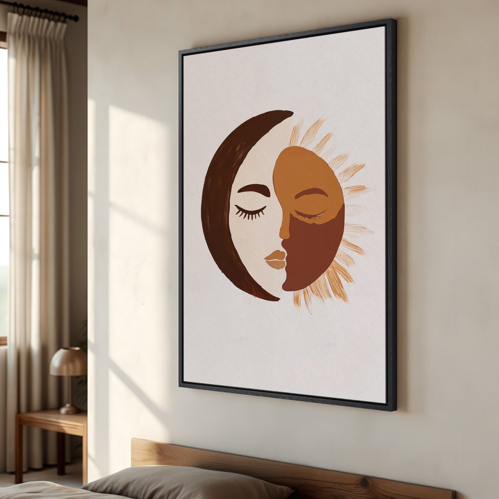 Framed Wall Art: Abstract sun and moon faces in warm earth tones. Modern art print perfect for bedroom decor.