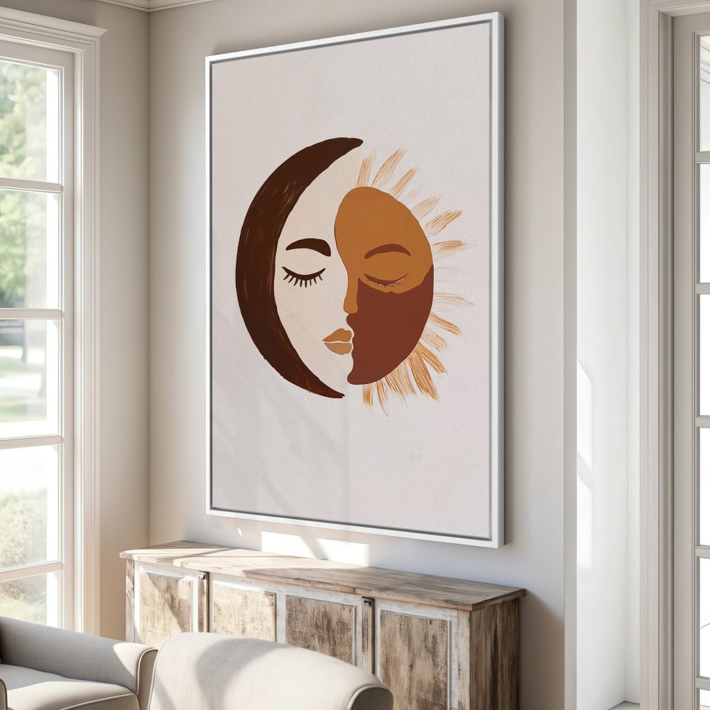 Framed Wall Art featuring a sun and moon face in a minimalist style, warm earth-tone color palette. Perfect for modern home decor!