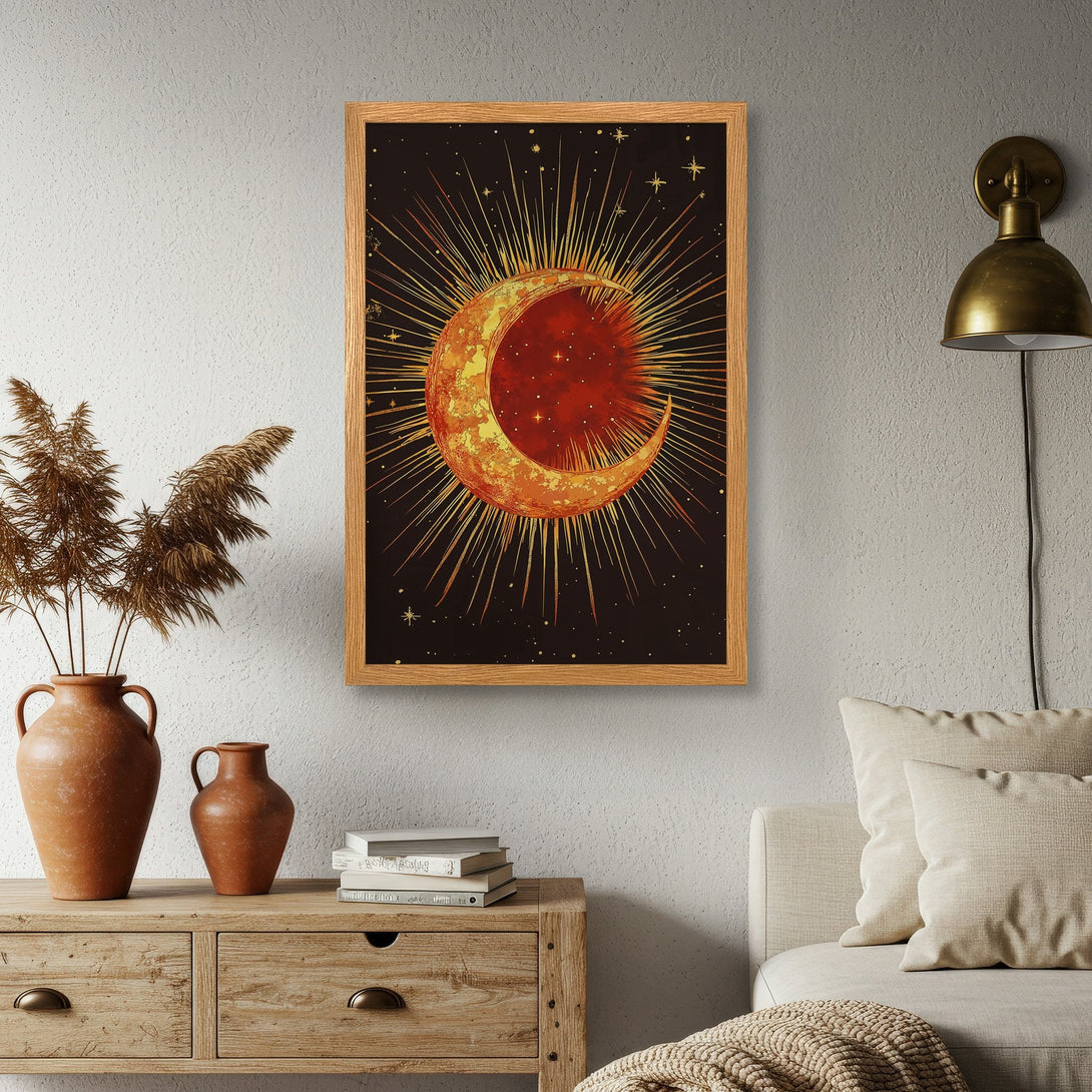 Framed Poster featuring a celestial moon design in warm orange and gold tones, perfect for adding a touch of boho style.