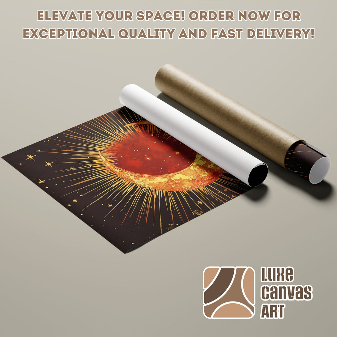 Poster Roll featuring a celestial design in warm gold and red tones, perfect for modern decor.