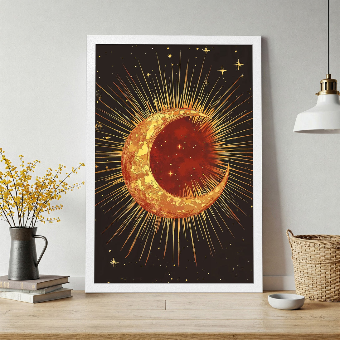 Framed Poster featuring a celestial moon design in gold and red tones, a stylish addition to any space.