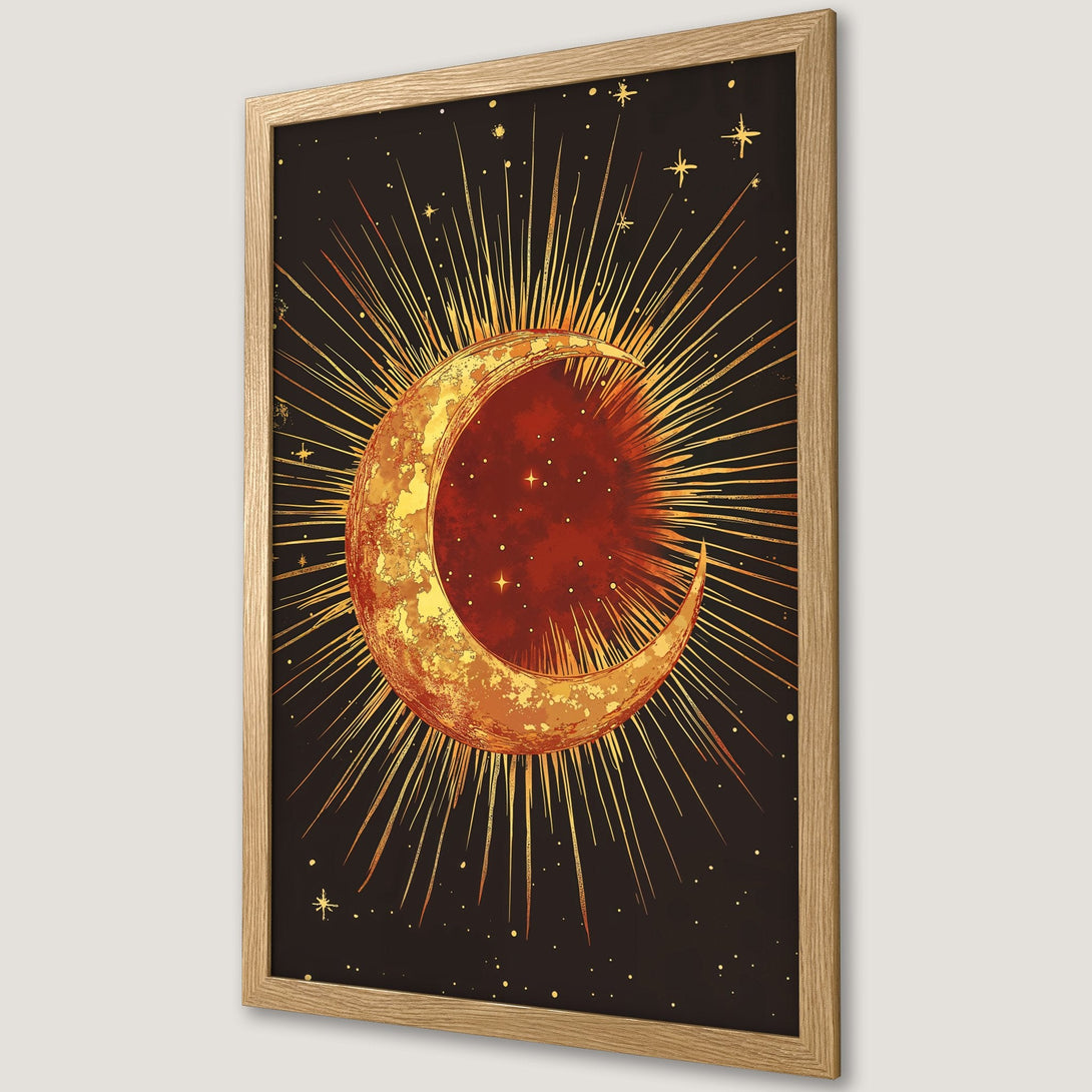 Framed Poster featuring a celestial design with a crescent moon and sunburst in gold and red tones on a black background.