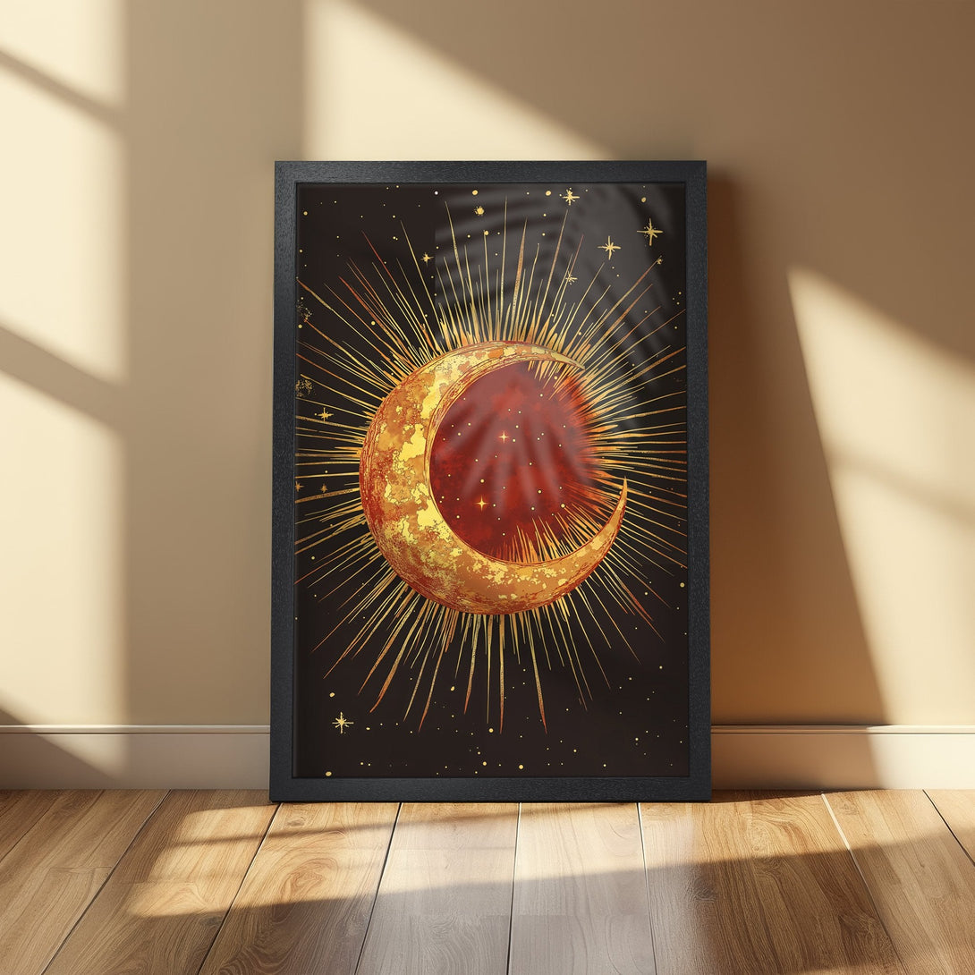 Framed Poster featuring a celestial crescent moon in gold and red tones, with a dark background. A stylish, art-deco inspired design.