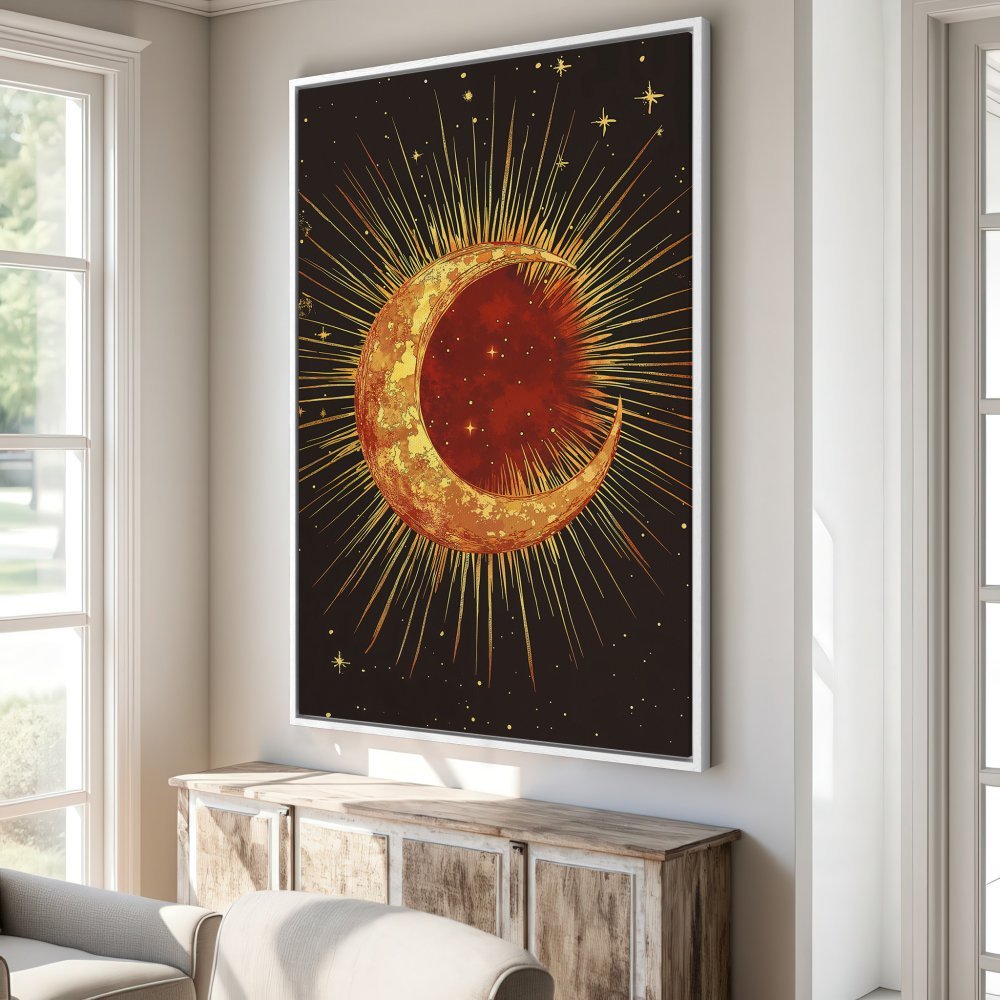 Framed Wall Art: Celestial moon art print in warm gold and red tones. Add a touch of mystical style to your home decor!